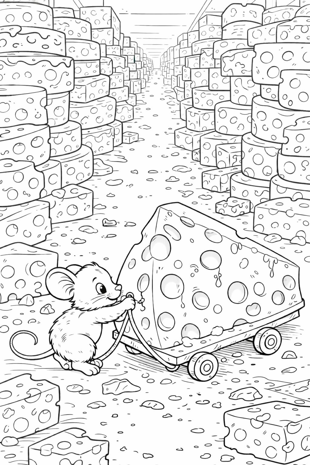 A cute mouse pushing a cart with a giant piece of cheese, in a room full of cheese stacks, designed for children to color and enjoy.