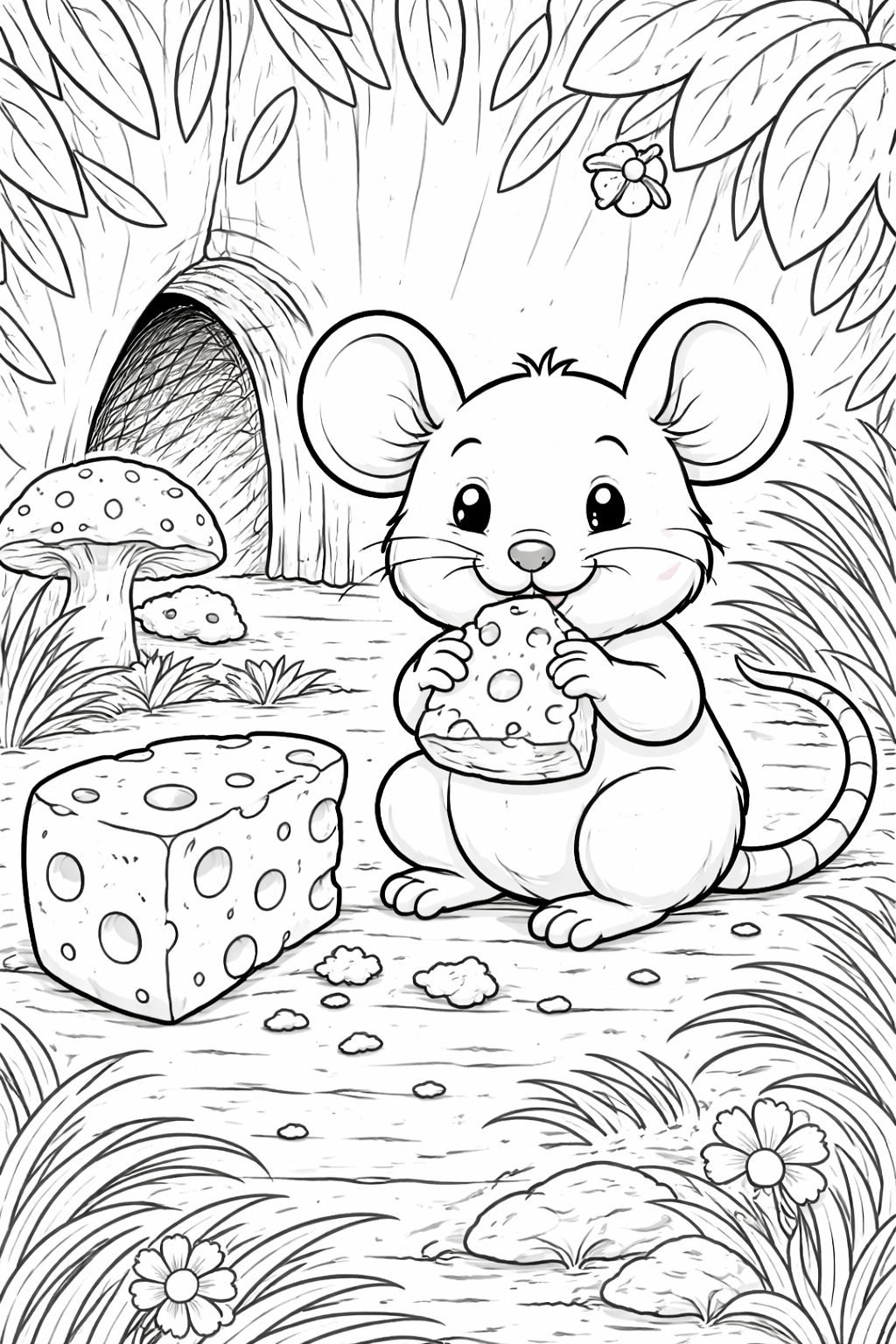 Cute mouse holding a piece of cheese in a forest background with mushrooms and flowers. Ideal for children to color and enjoy creating a colorful scene filled with nature and charm.