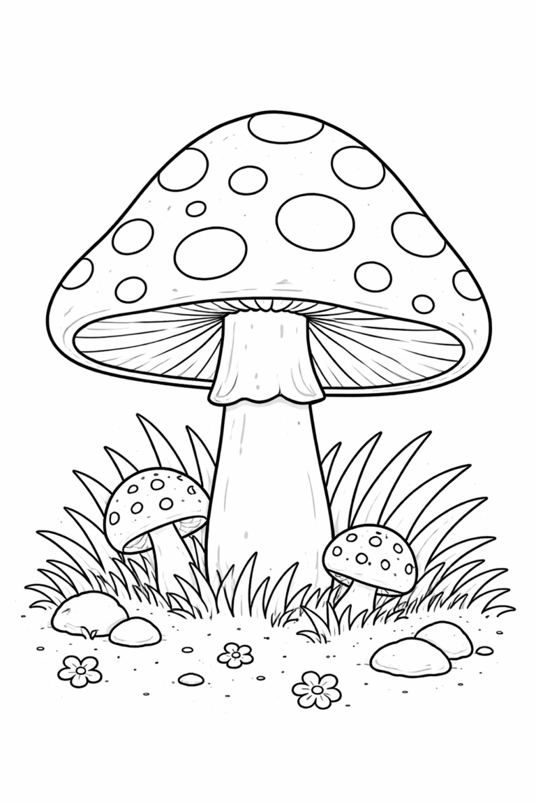 A lively giant mushroom surrounded by smaller mushrooms, grass, and flowers for children to enjoy coloring and explore the beauty of nature.