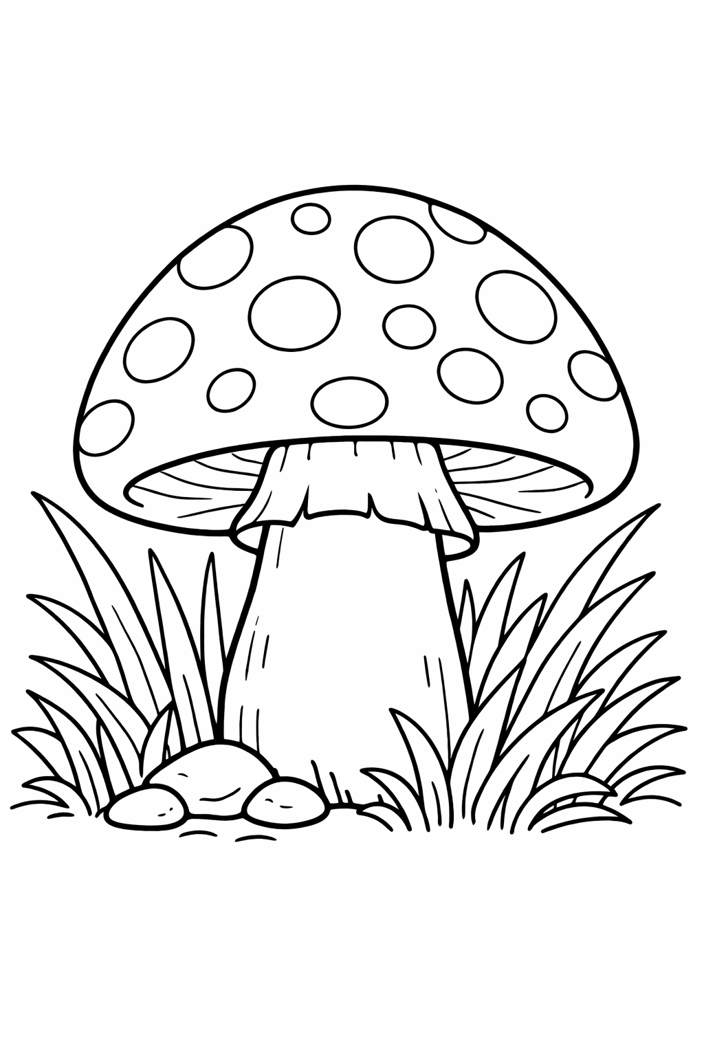 A large mushroom with spots stands amidst grass and small rocks, offering a delightful coloring activity for children to enjoy and explore nature through art.