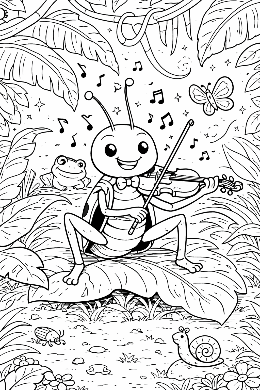 A happy insect plays the violin on a large leaf in a forest surrounded by musical notes, a frog, and other small creatures, making a lively and engaging coloring scene for kids.