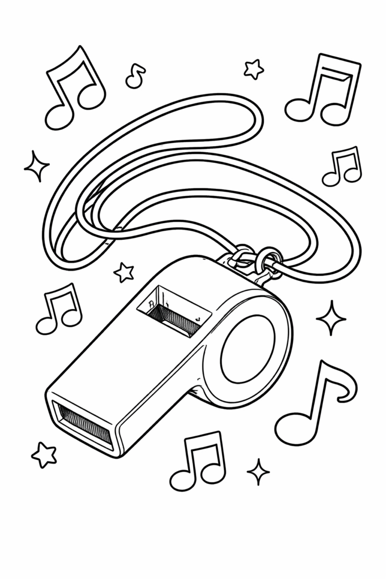 A coloring page featuring a large whistle surrounded by whimsical musical notes and stars, providing a fun and engaging activity for children to color and enjoy.