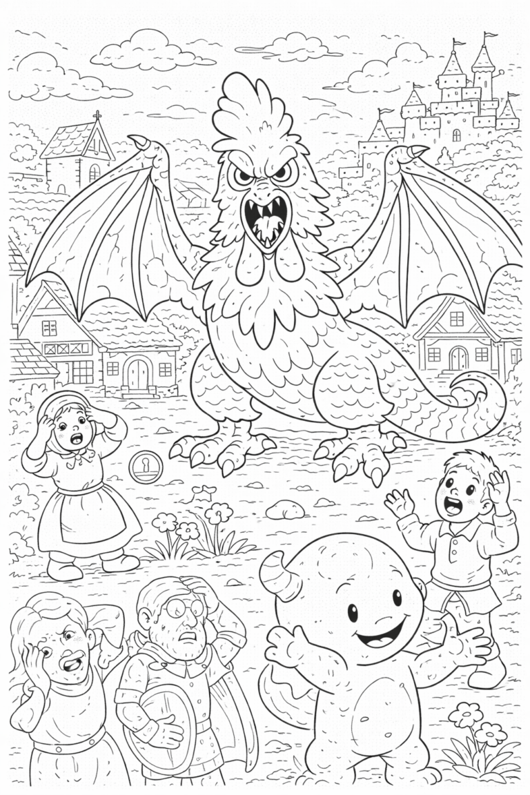 A coloring page depicting a mythical creature with dragon wings in a village, surrounded by surprised villagers and a friendly monster. Children can color various elements like houses, flowers, and a castle to enhance their creativity.
