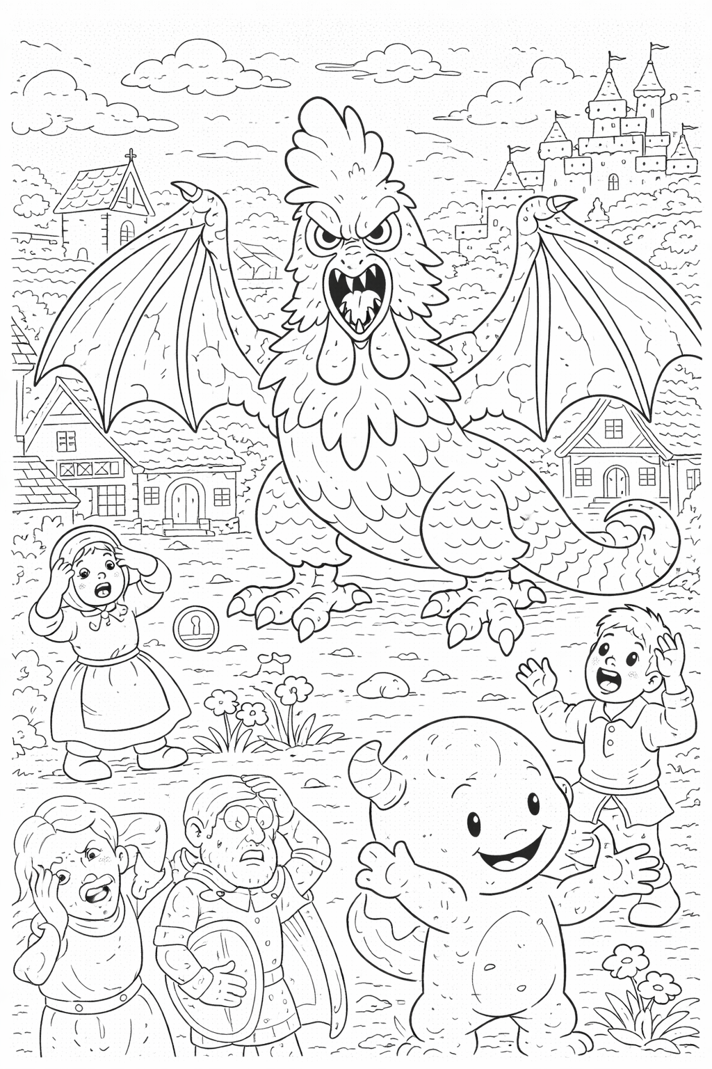 A coloring page depicting a mythical creature with dragon wings in a village, surrounded by surprised villagers and a friendly monster. Children can color various elements like houses, flowers, and a castle to enhance their creativity.