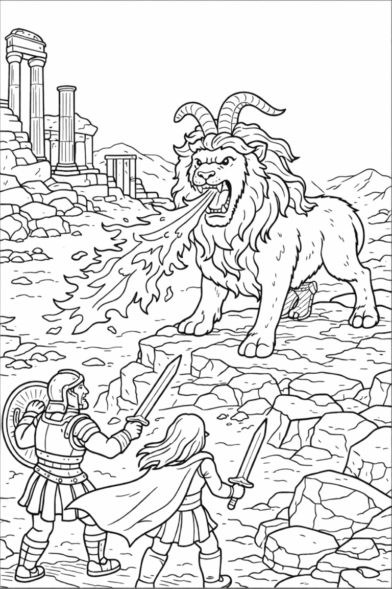 A fierce battle scene with two warriors facing a mythical creature with a lion's body breathing fire, surrounded by ancient ruins.