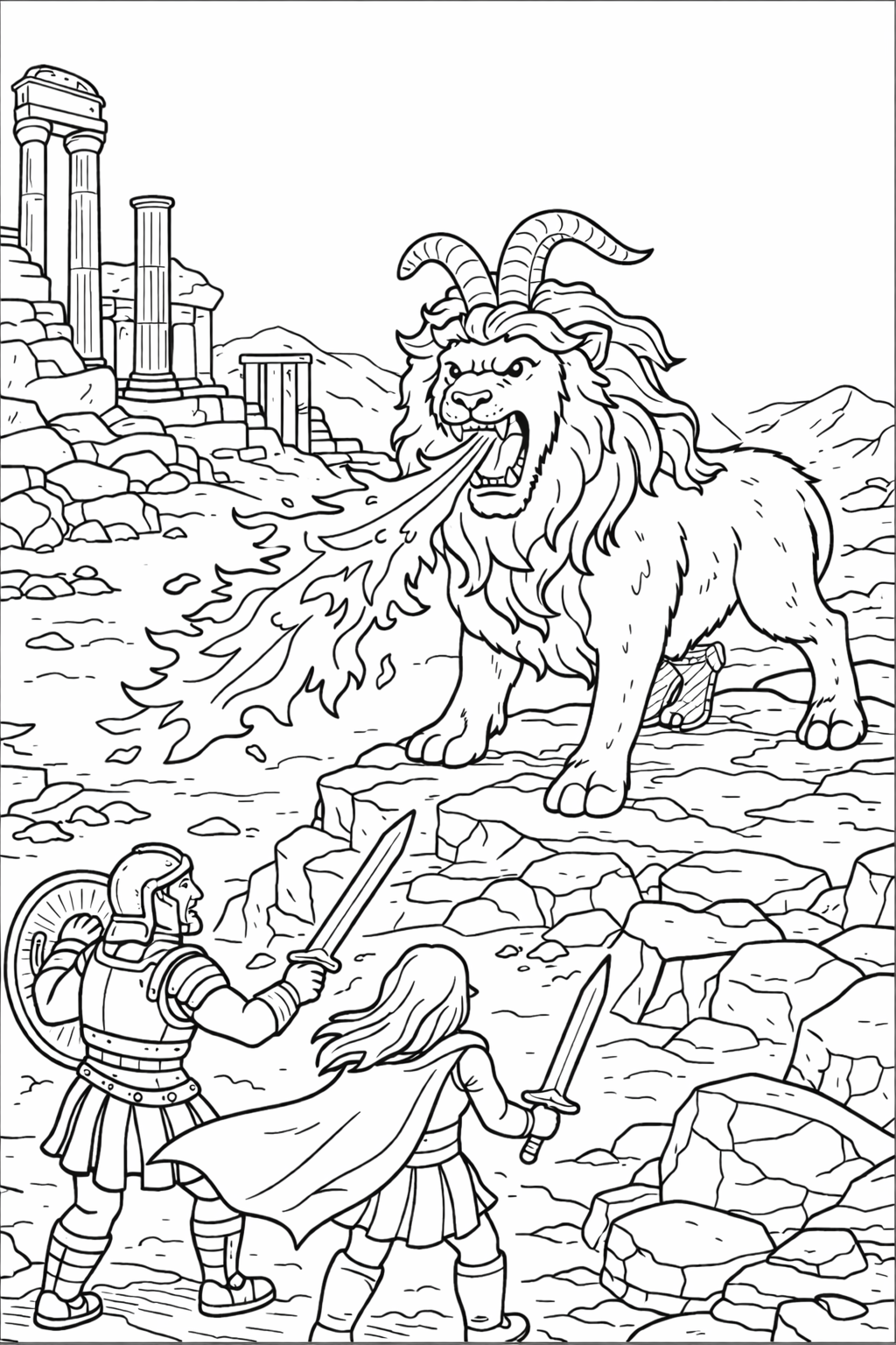 A fierce battle scene with two warriors facing a mythical creature with a lion's body breathing fire, surrounded by ancient ruins.