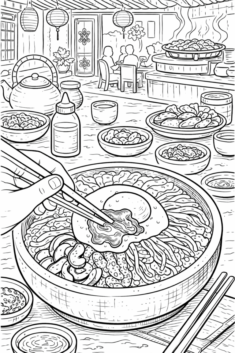 A coloring page featuring a detailed noodle dish in a restaurant setting. It includes various foods and a cozy dining scene. Children can color noodles, an egg topping, and side dishes, offering a creative and enjoyable activity.