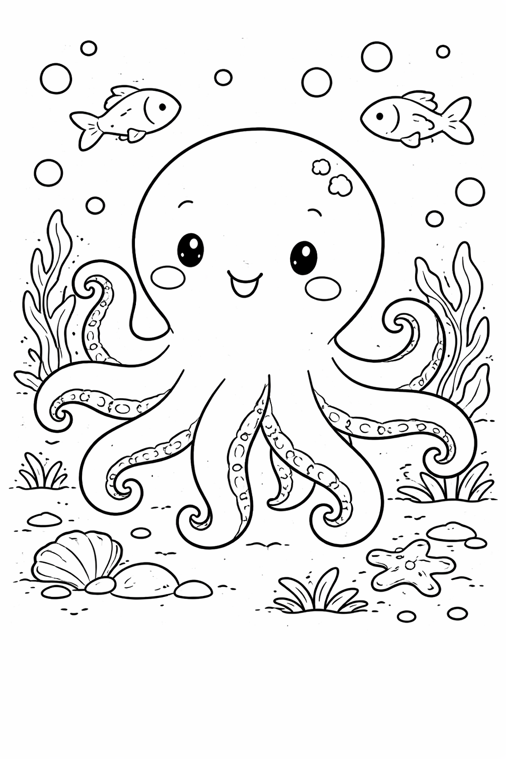 A cheerful octopus surrounded by fish and sea plants creates an engaging coloring page. Children can explore ocean life by adding colors to this charming underwater scene, including an octopus, fish, and various sea elements.