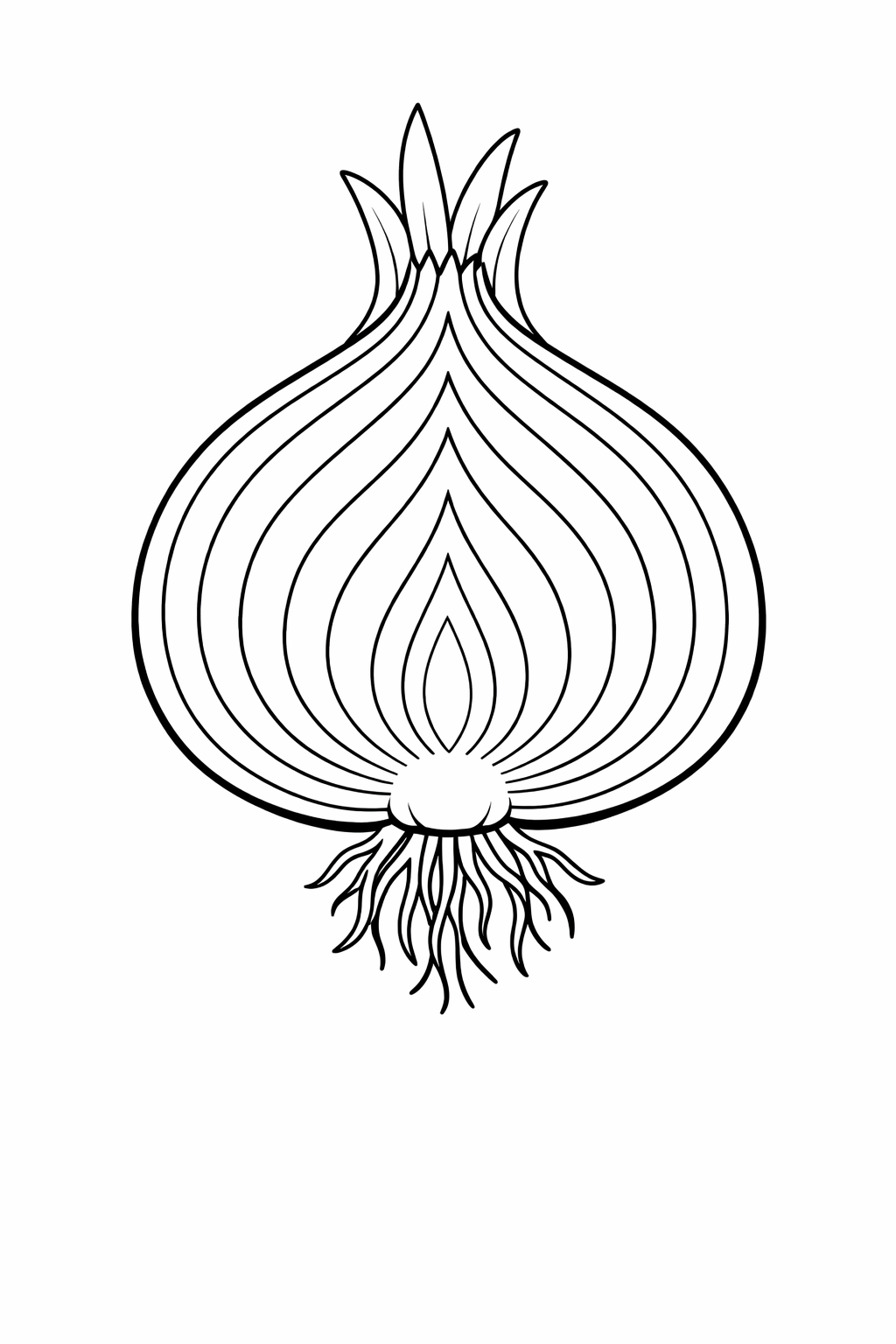 A children's coloring page depicting a detailed outline of an onion, showcasing its layers and roots. Kids can use this page to color the onion in various shades, enhancing their creativity and knowledge about vegetables.