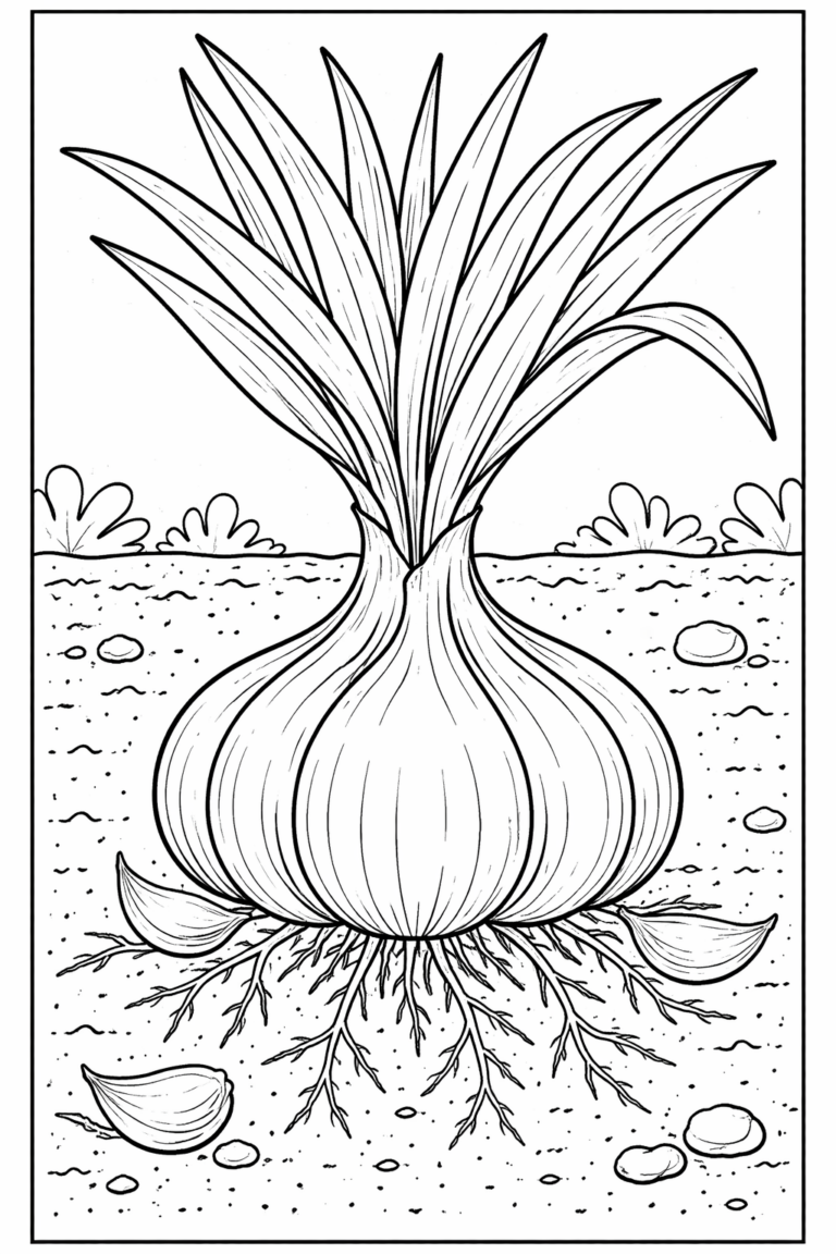 Detailed illustration of an onion plant with roots and soil, offering a fun and educational coloring experience for children interested in nature and gardening.