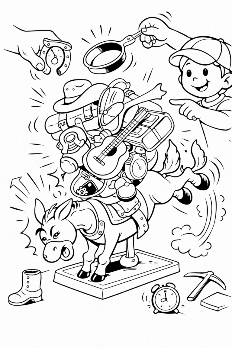 A delightful coloring page showing a donkey overloaded with items such as a guitar, hat, and more. A smiling boy points at the scene, adding to the fun. Additional items like a horseshoe and alarm clock enhance the playful setting.