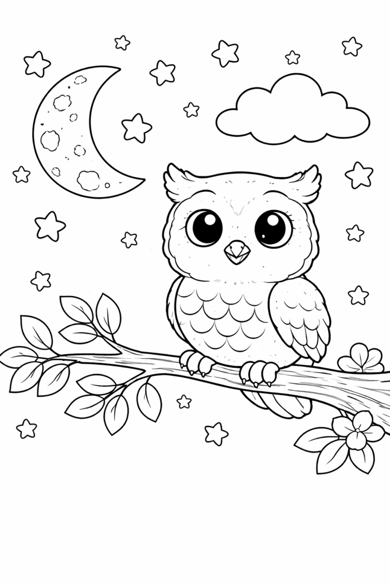 A cute owl sitting on a branch with a starry night background featured in a children's coloring page. The owl's large eyes and fluffy feathers make it a delightful subject for kids to color, surrounded by stars, a moon, and leafy branches.