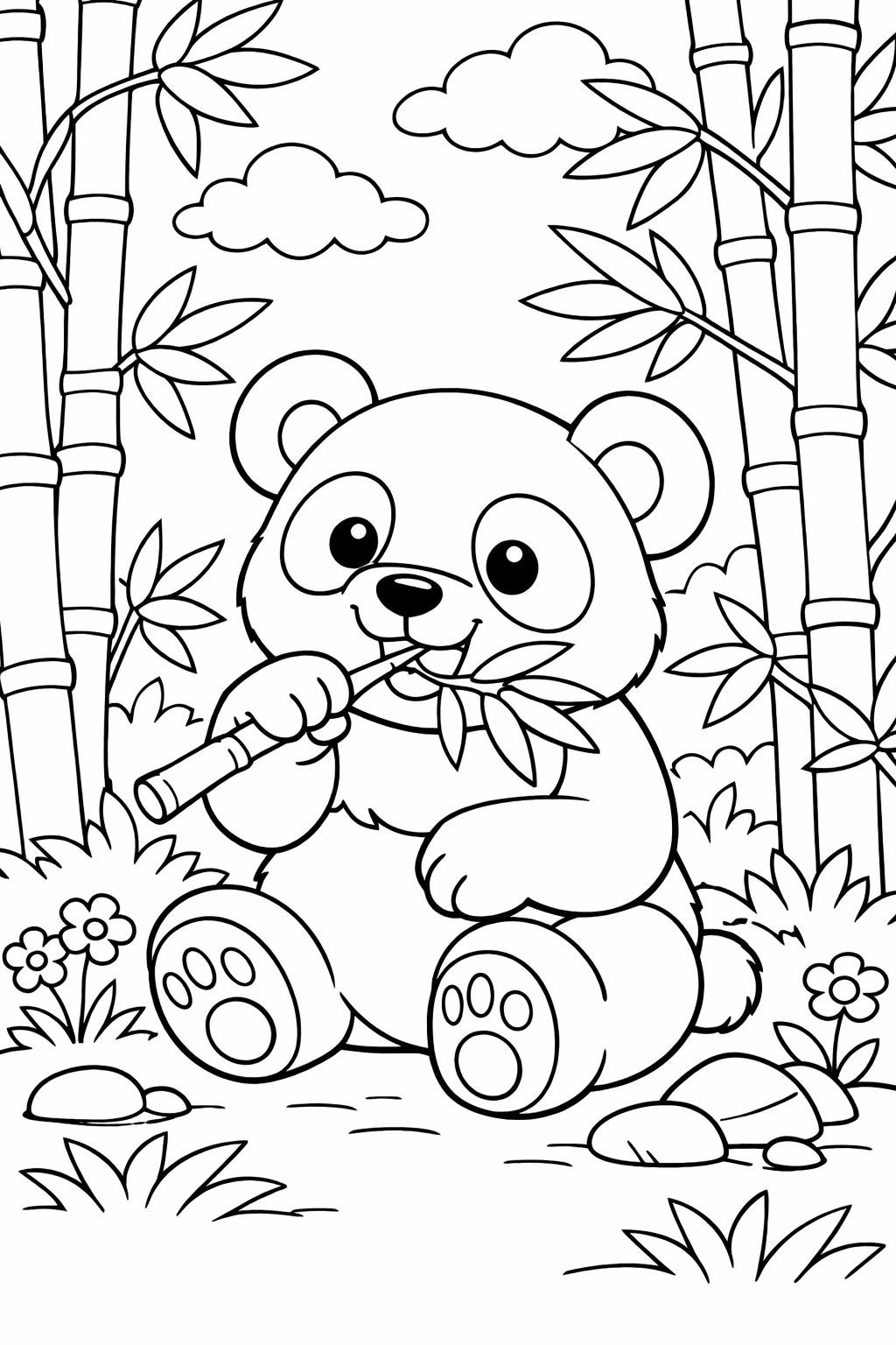 A cute panda bear is depicted eating bamboo among lush plants and bamboo stalks. Kids will love bringing this adorable scene to life with colors, enhancing their creativity and motor skills.