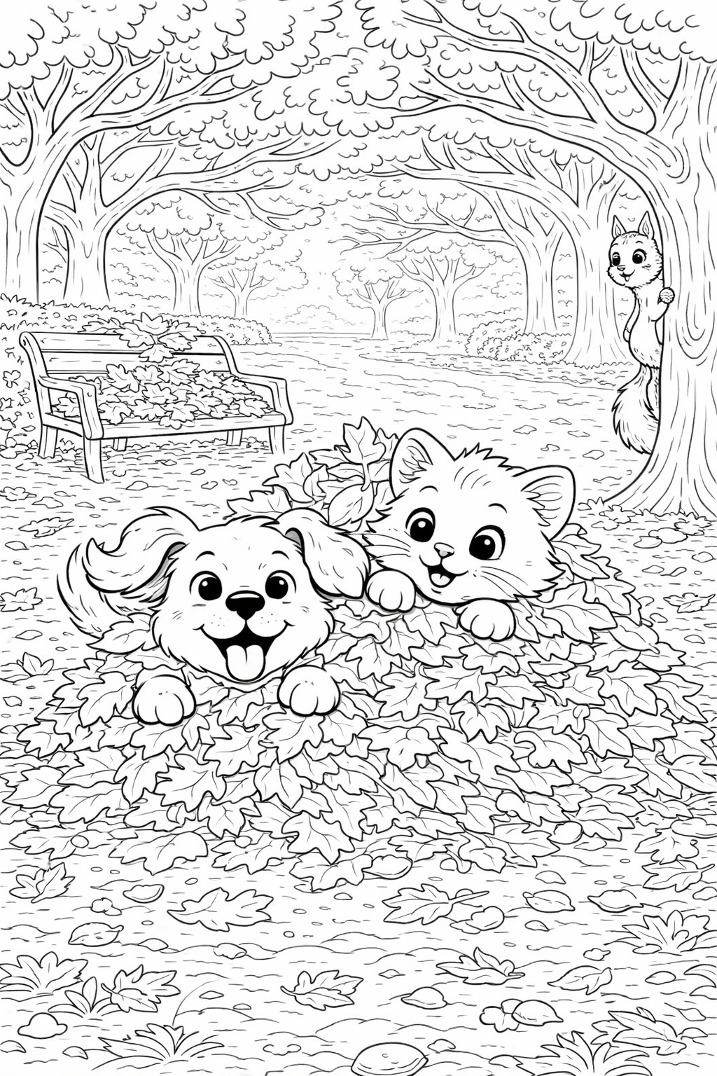 A joyful scene in a park with a puppy and kitten playing in leaves under tree branches, watched by a squirrel peeking from a tree, perfect for a child's coloring activity.