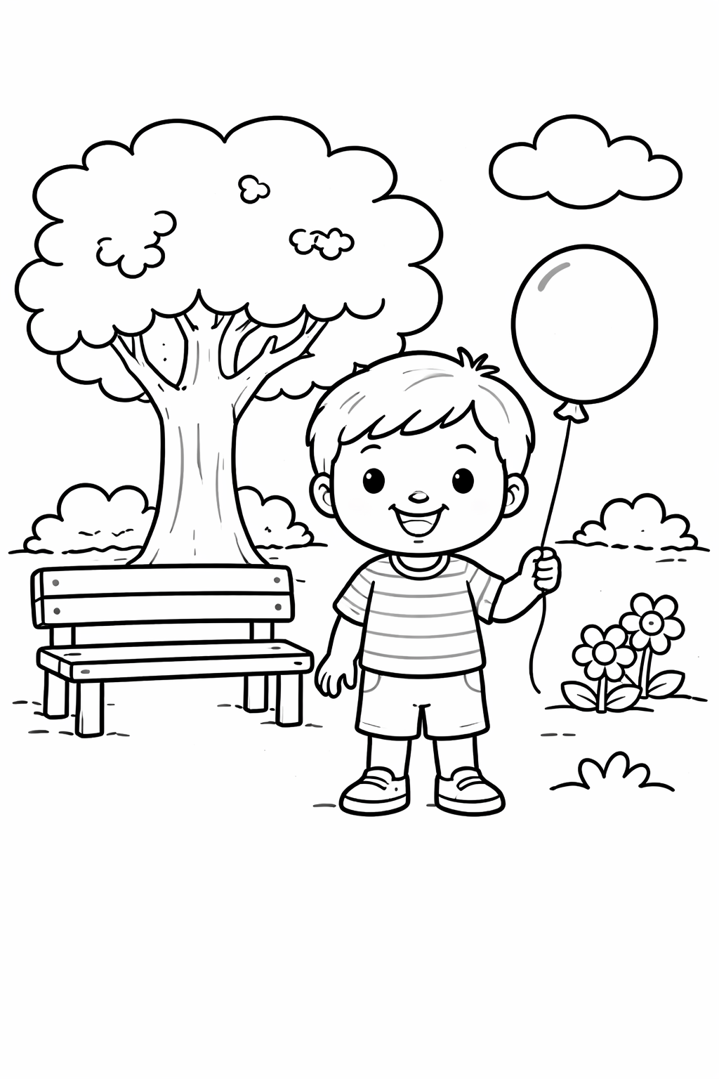 A young boy with a balloon stands among a tree, bench, and flowers in a park. The scene offers children ample space to add their colorful touch. Ideal for nurturing creative skills while enjoying a playful park setting.