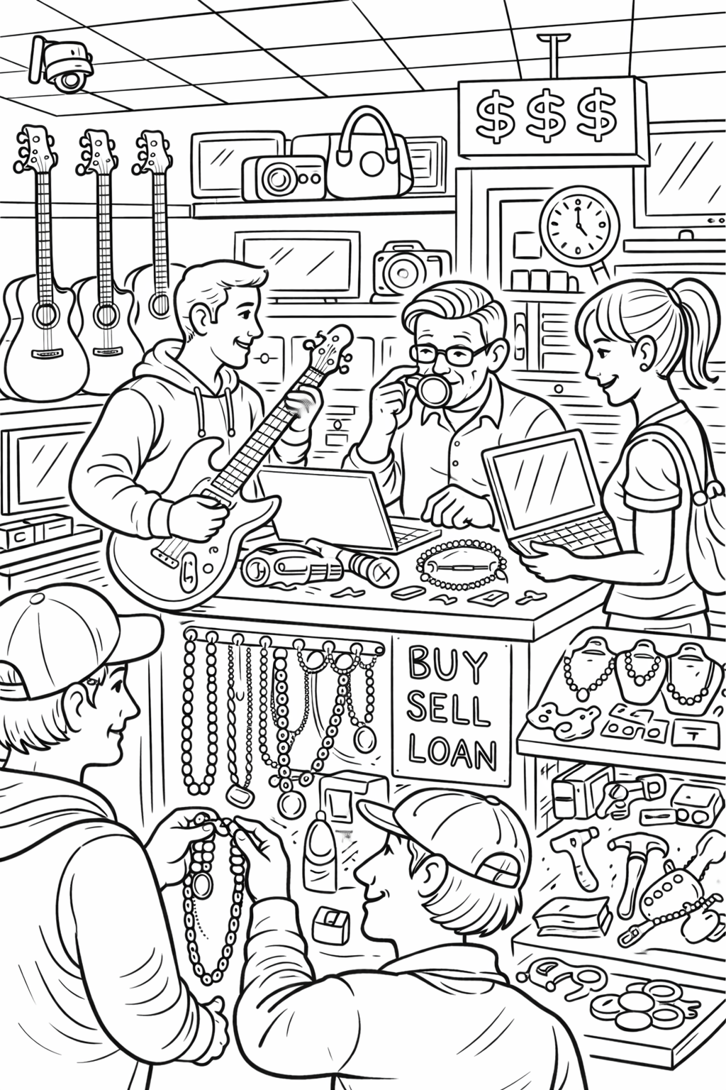 A detailed coloring page of a busy pawn shop scene with musical instruments and jewelry, showing people interacting in a vibrant setting.
