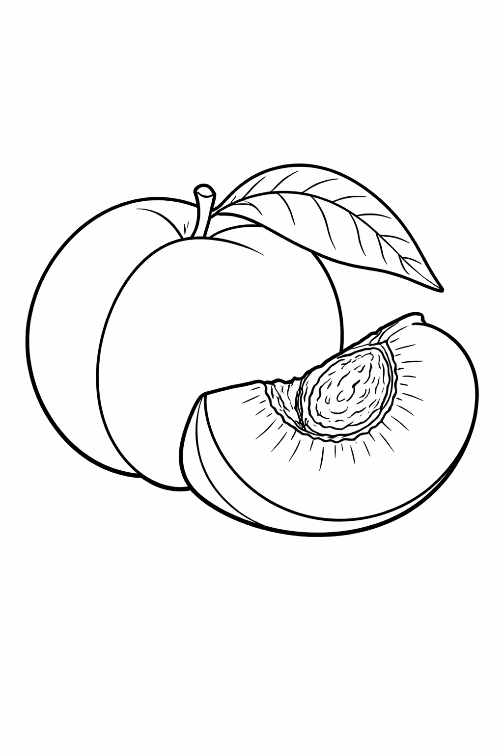A detailed coloring page showing a whole peach with a single leaf and a sliced half revealing the seed inside. Perfect for kids to enjoy adding their favorite colors.