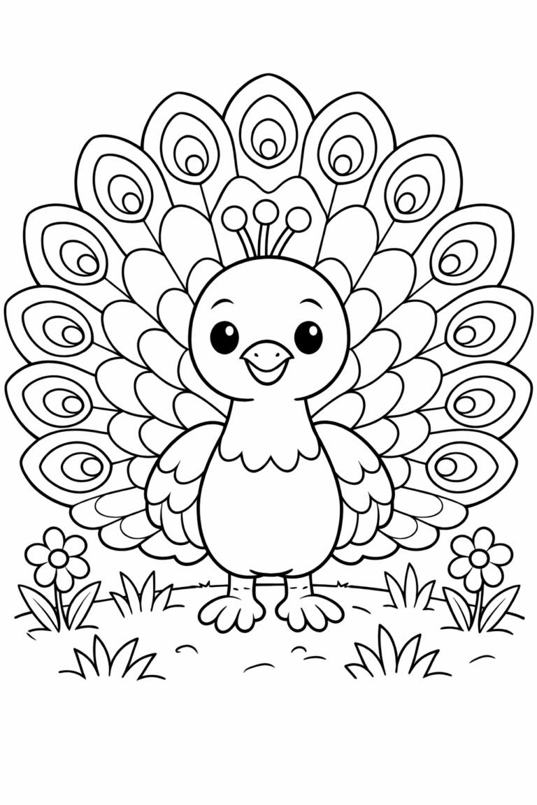 A cute, smiling peacock with intricately detailed tail feathers awaits coloring. Surrounded by simple flowers and grass, the outline invites children to add their own vibrant artistic touches, sparking creativity and developing fine motor skills.