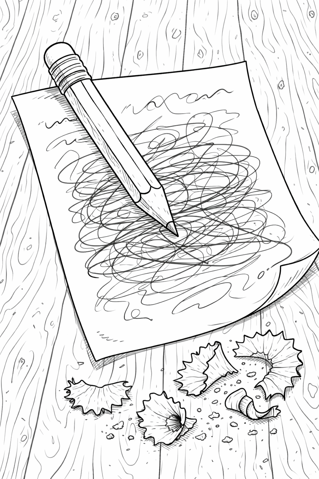 A children's coloring page showing a pencil lying on a piece of scribbled paper on a wooden surface, surrounded by pencil shavings. This scene invites children to explore creativity with detailed lines and shading.