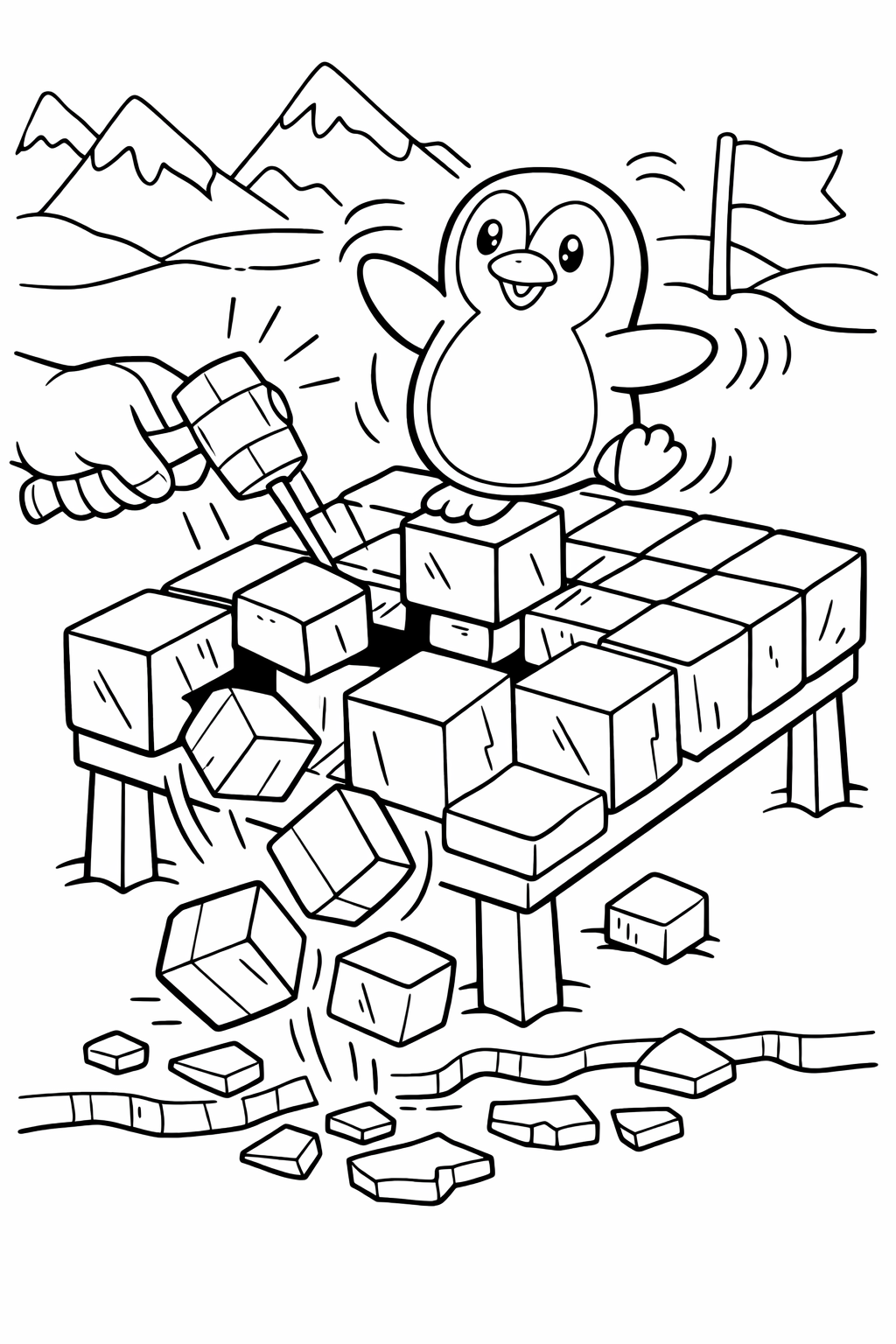 This coloring page depicts a cheerful penguin engaging in a captivating ice-breaking game. Kids can color the lively penguin, scattered ice blocks, and majestic mountain backdrop. Ideal for developing creativity and fine motor skills.
