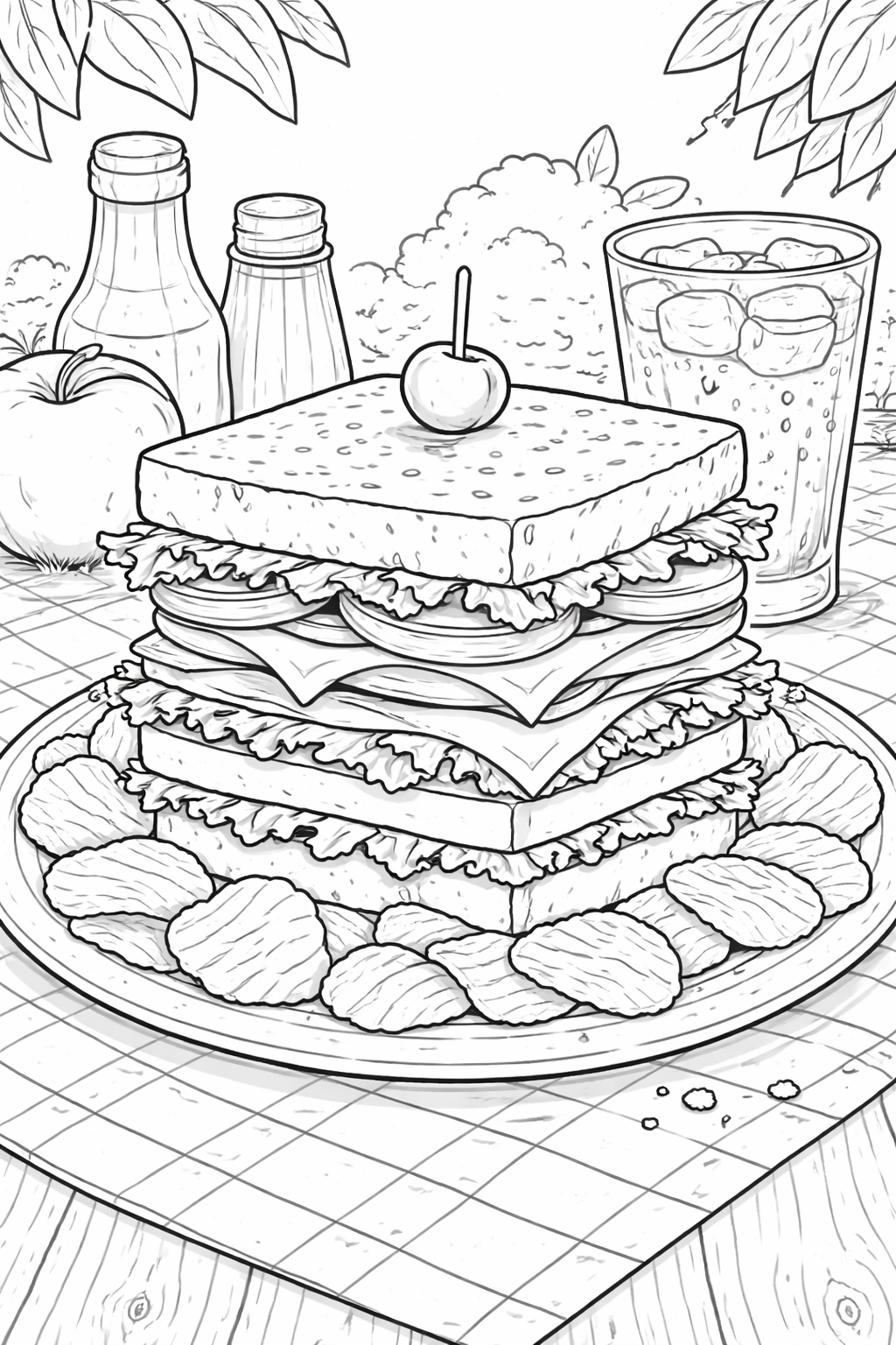 A children's coloring page featuring a detailed picnic scene. At the center is a large sandwich with multiple layers, surrounded by crispy chips, beverages, and fruit. This scene invites children to add their creative touches with colors.