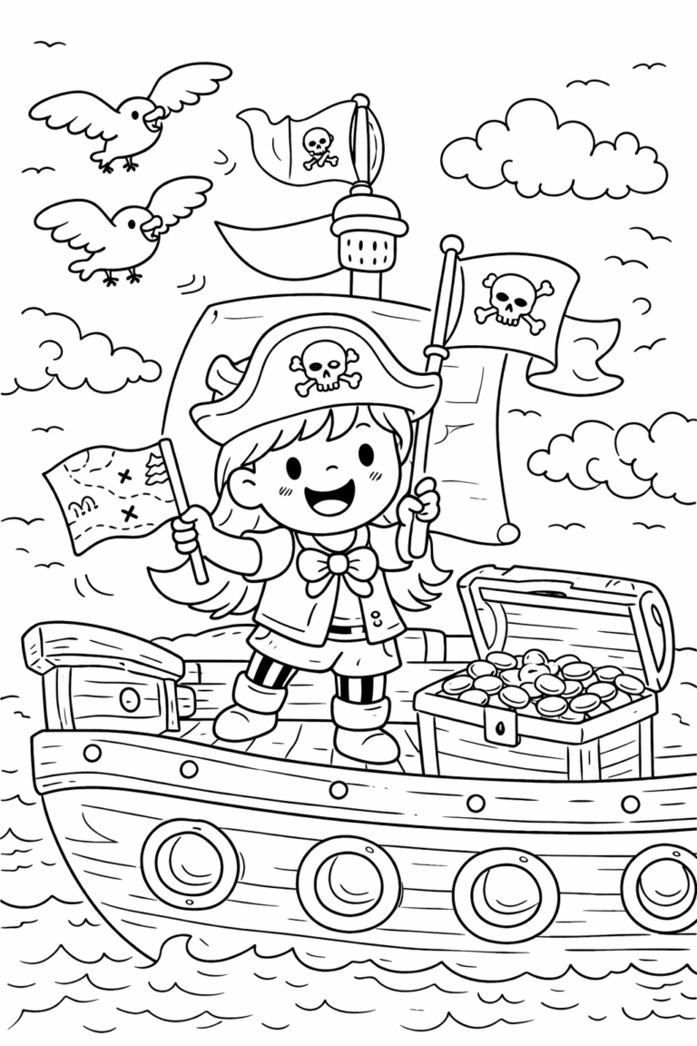 A children's coloring page showing a young pirate on a ship with a treasure map, treasure chest, and birds, perfect for an engaging pirate-themed activity.