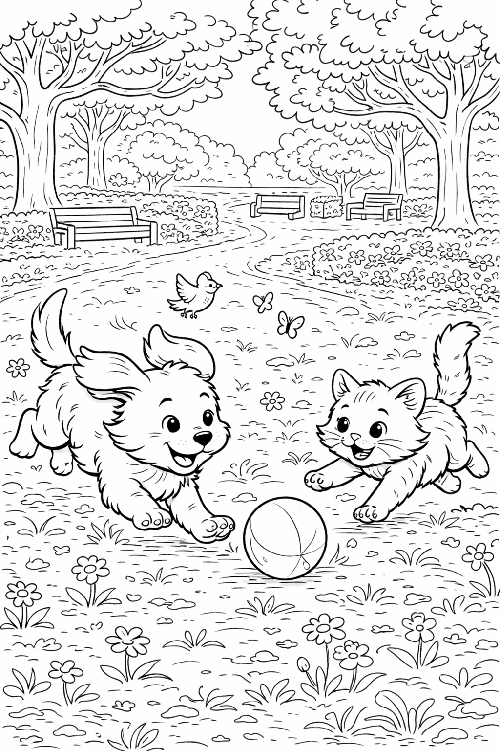 Coloring page of a lively puppy and kitten playing with a ball in a detailed park setting, complete with trees, flowers, and butterflies, offering a delightful and creative opportunity for children to add colors to the scene.