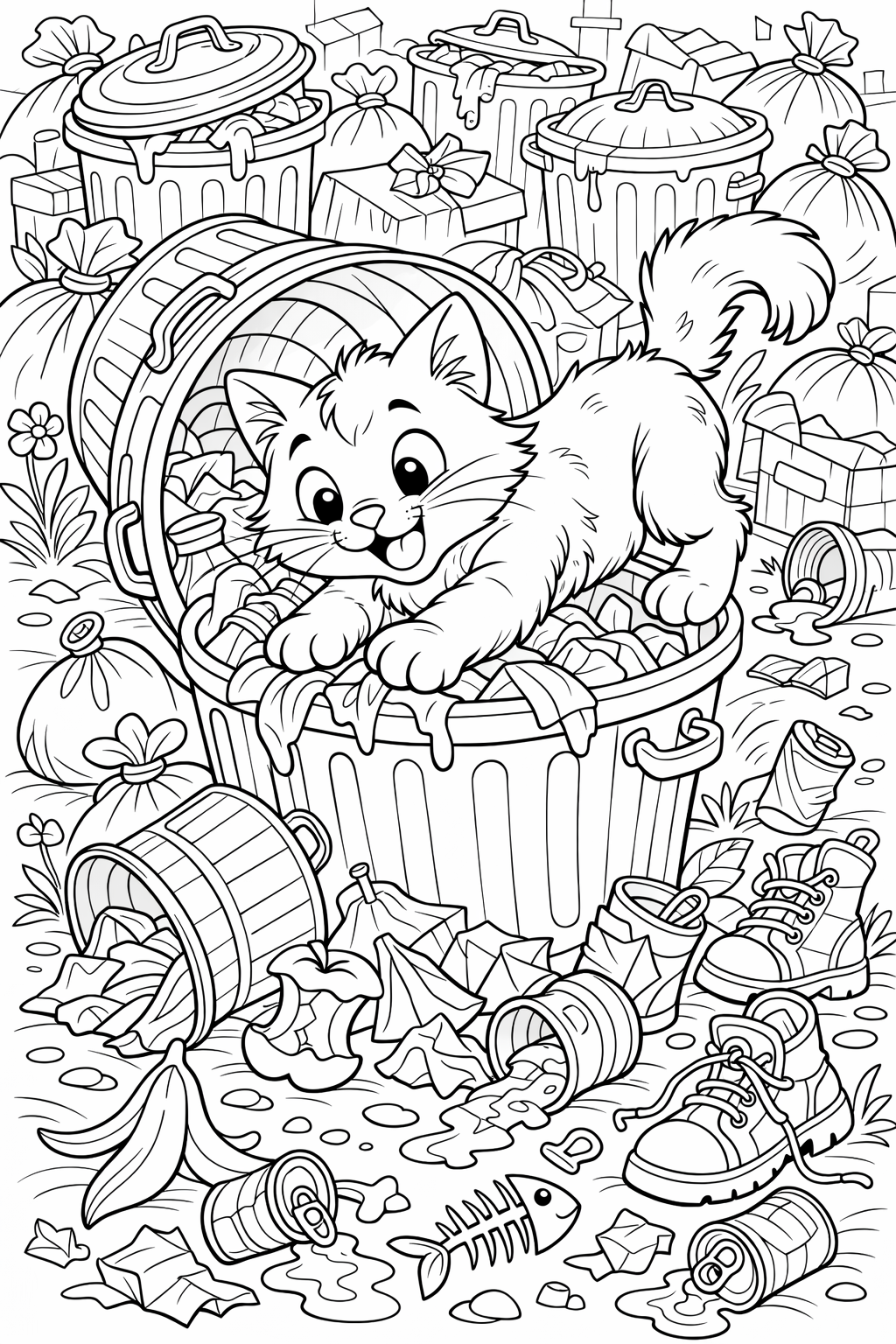 A playful cat stands atop a trash can in a messy scene with garbage and scattered objects. Children can color the cat's cheerful expression and the lively environment.
