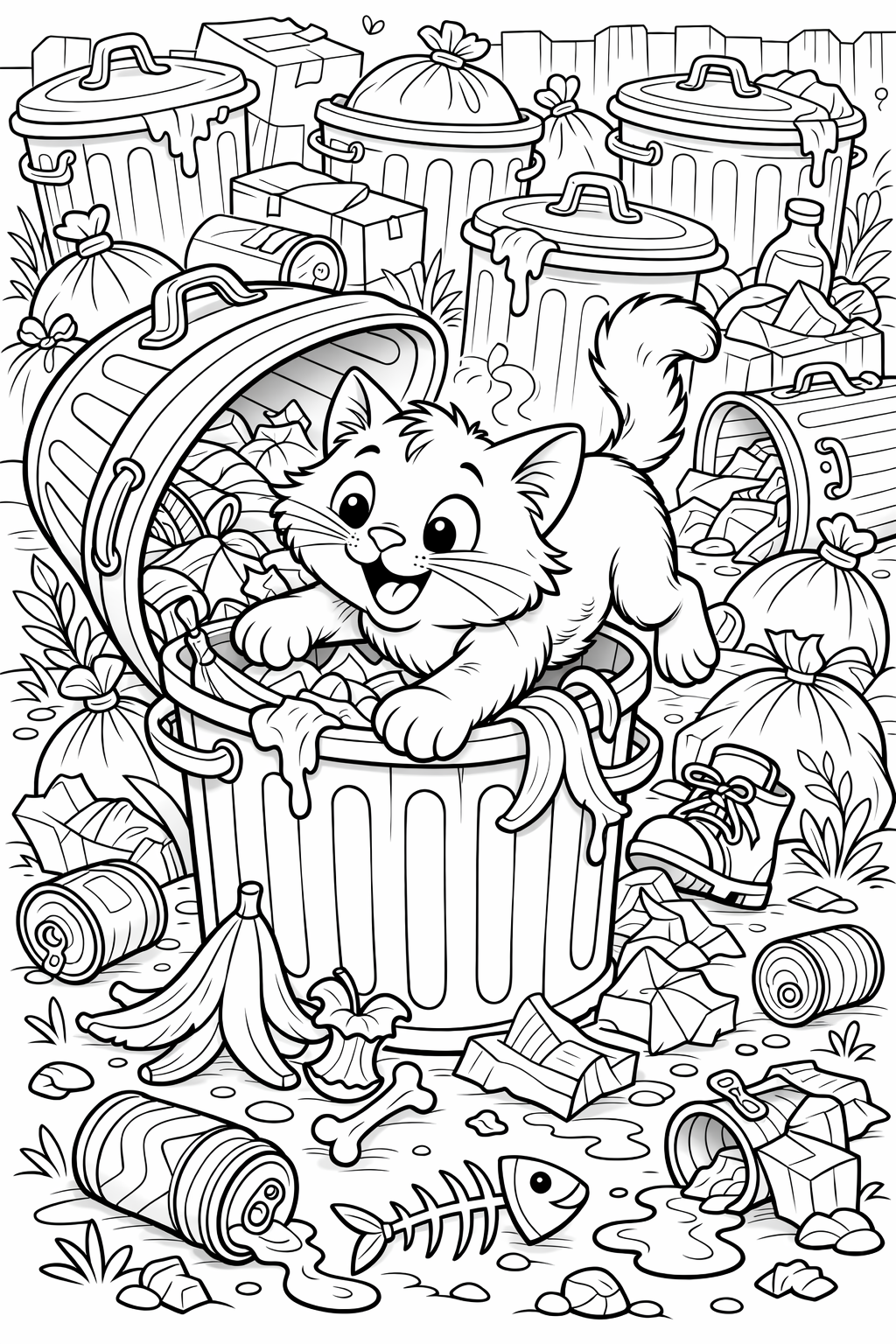 A coloring page featuring a playful kitten in a trash can amidst scattered waste and items, capturing the curious nature of a lively kitten exploring its surroundings.