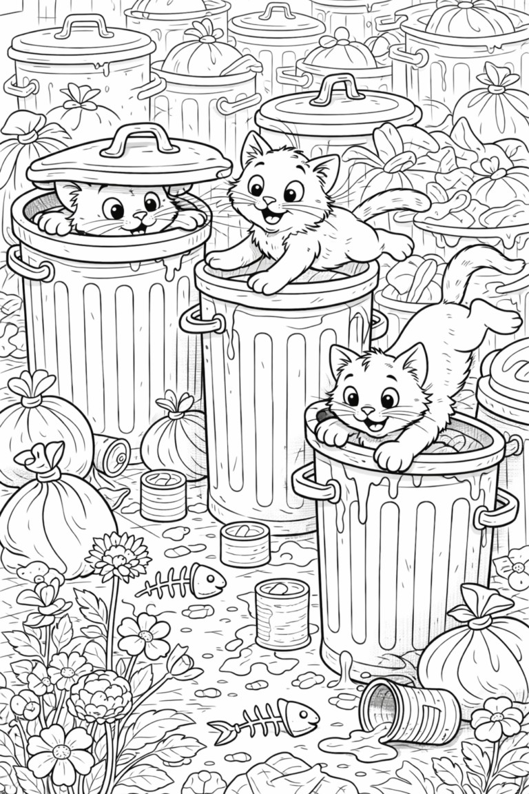 Three playful kittens on trash cans among scattered garbage and flowers. The adorable kittens, with lively expressions, provide a delightful coloring opportunity for kids to explore creativity. The scene includes cartoonish bins, trash bags, and fish bones, adding to the fun.