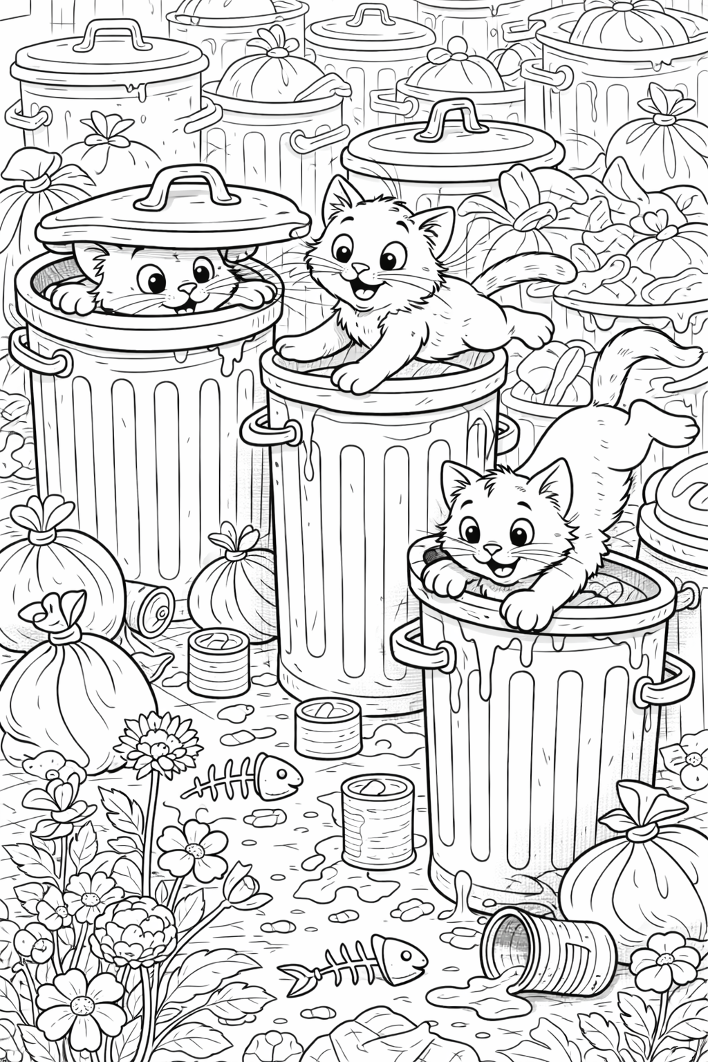 Three playful kittens on trash cans among scattered garbage and flowers. The adorable kittens, with lively expressions, provide a delightful coloring opportunity for kids to explore creativity. The scene includes cartoonish bins, trash bags, and fish bones, adding to the fun.