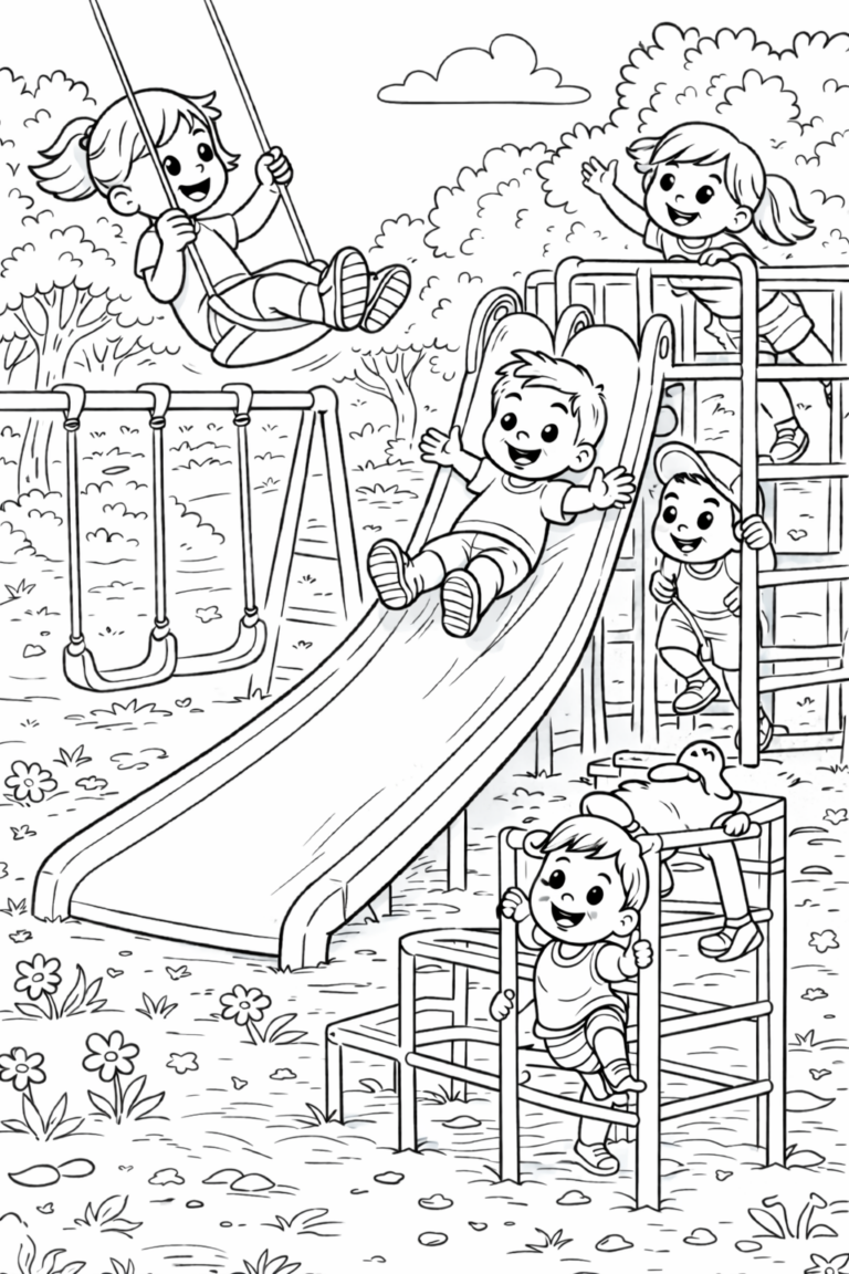 Children playing energetically in a playground with swings, slides, and climbing frames, surrounded by trees and colorful flowers, capturing a fun-filled day outdoors.