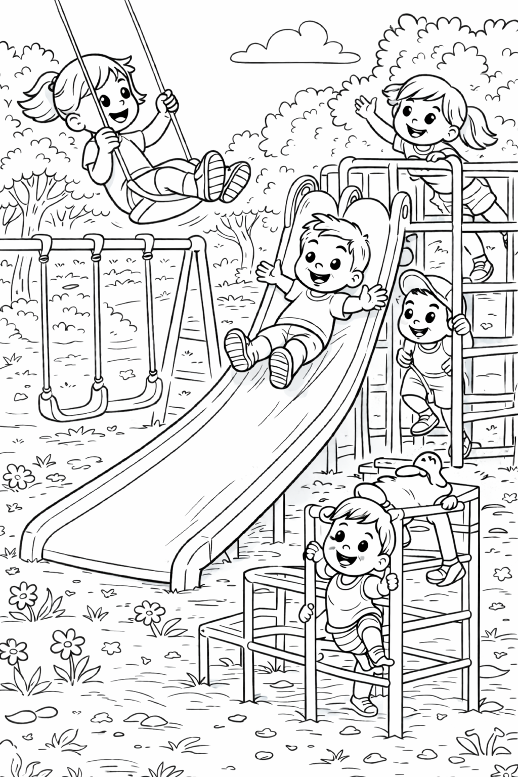 Children playing energetically in a playground with swings, slides, and climbing frames, surrounded by trees and colorful flowers, capturing a fun-filled day outdoors.