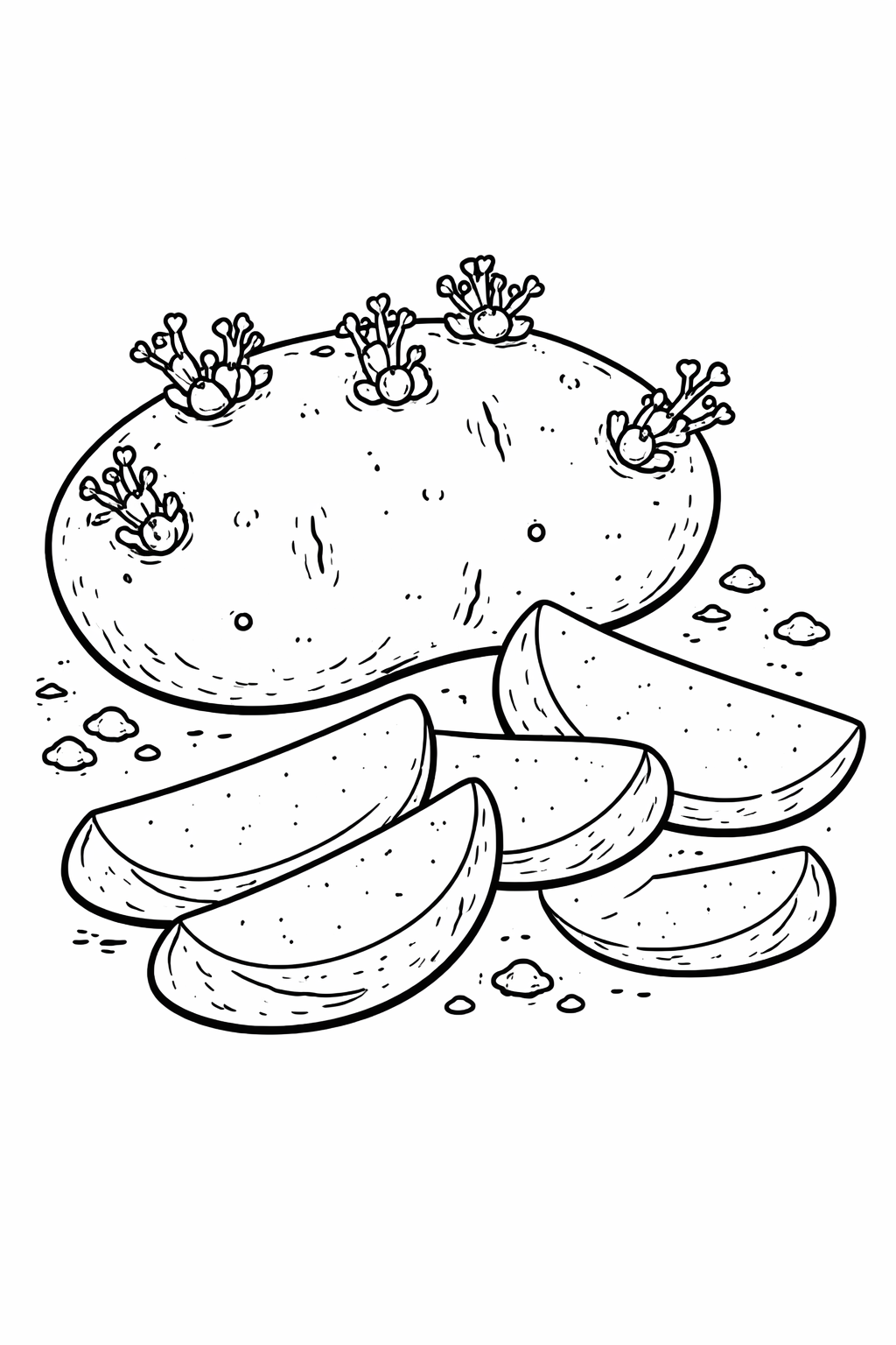 A detailed coloring page of a potato with its eyes and potato wedges, designed for children to color and enhance their creativity in understanding everyday vegetables.