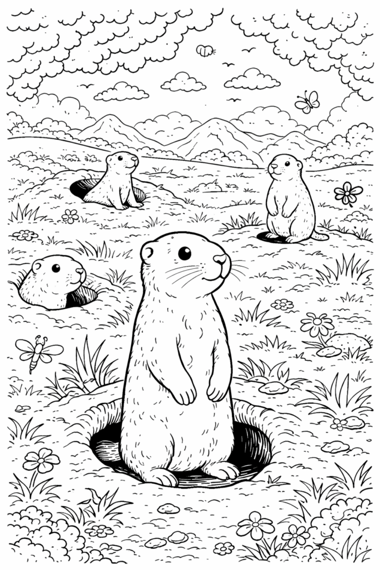 A charming children's coloring page showcasing prairie dogs in their natural habitat. The scene includes flowers, butterflies, and rolling hills, offering a delightful and educational experience for young artists.