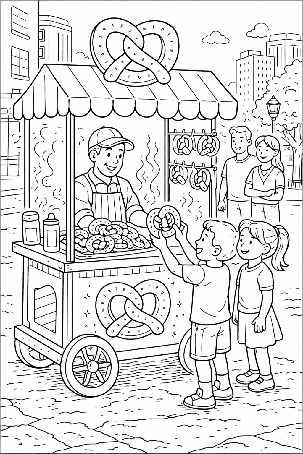 Children visit a vibrant pretzel cart where a vendor offers them pretzels. The scene includes city buildings, trees, and other people, creating a lively urban atmosphere for coloring.