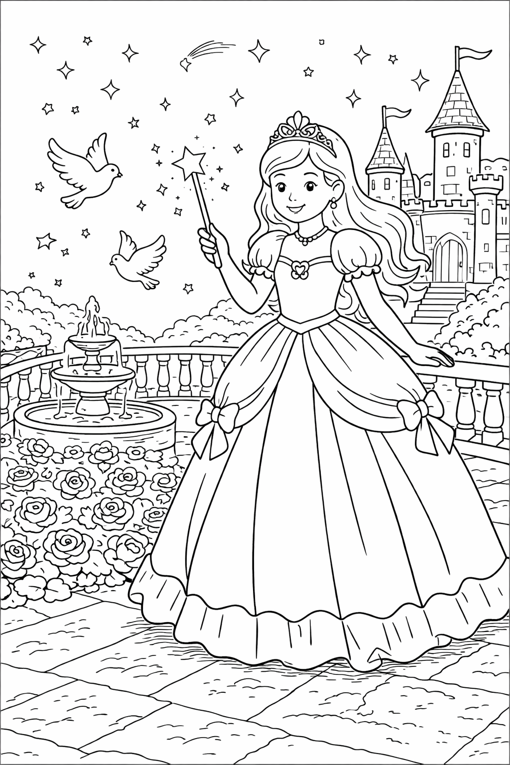 A lovely princess holding a star-tipped wand, standing on a garden terrace with flowering plants and a fountain, a magical castle in the background and twinkling stars in the sky.