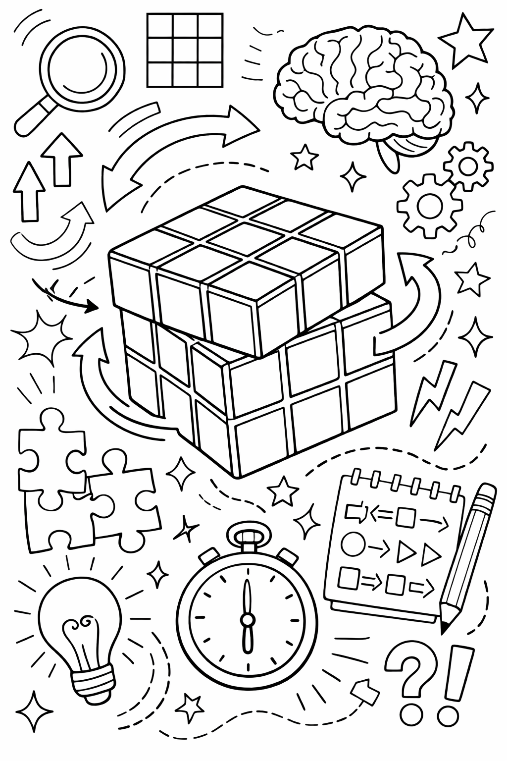 A children's coloring page showing various puzzle-themed elements like a Rubik's cube and a lightbulb. These elements help in developing problem-solving skills and are surrounded by playful arrows, gears, and stars, making it both fun and educational.