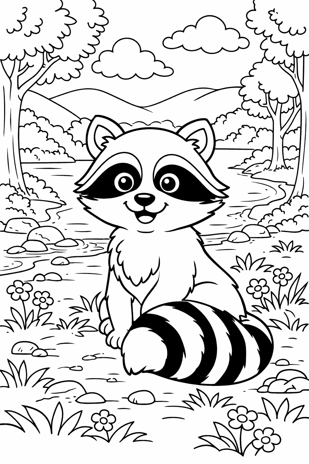 A lively raccoon coloring page showing a smiling raccoon beside a river, surrounded by trees, flowers, and hills. Ideal for children to add colors and explore nature.