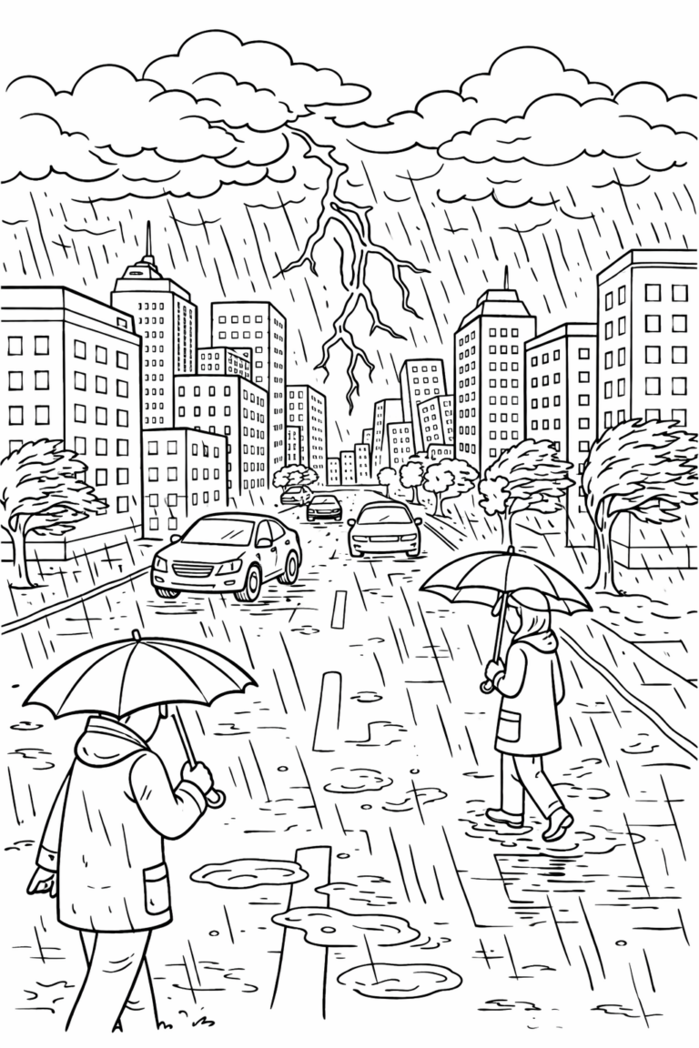 Coloring page of a city in the rain with tall buildings, cars, and people holding umbrellas under a dark, stormy sky and a bolt of lightning.