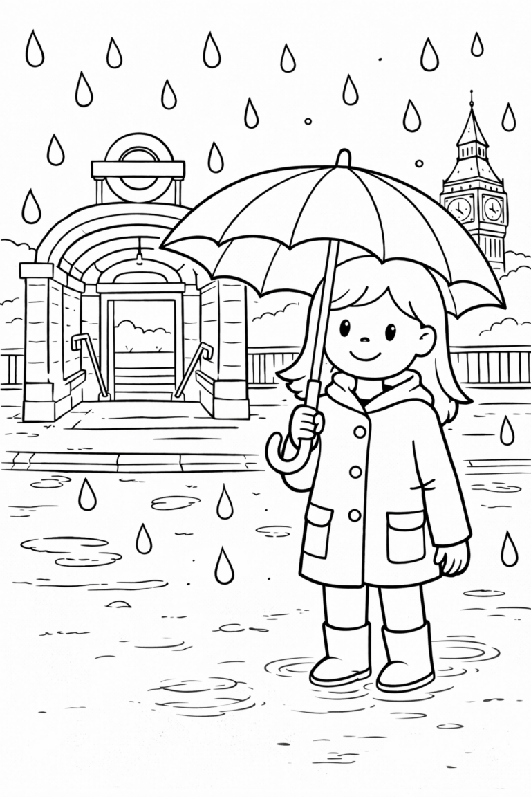 A lively coloring page shows a child with an umbrella on a rainy day, featuring a sleek city setting with a recognizable clock tower. Perfect for children to explore rain and architecture through colors.