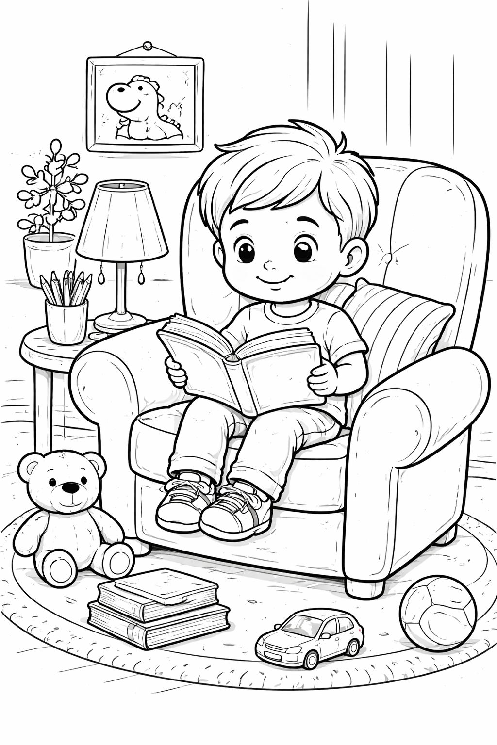 A young boy sitting and reading a book in a cozy armchair with toys and a plant nearby, ideal for a children's coloring page.