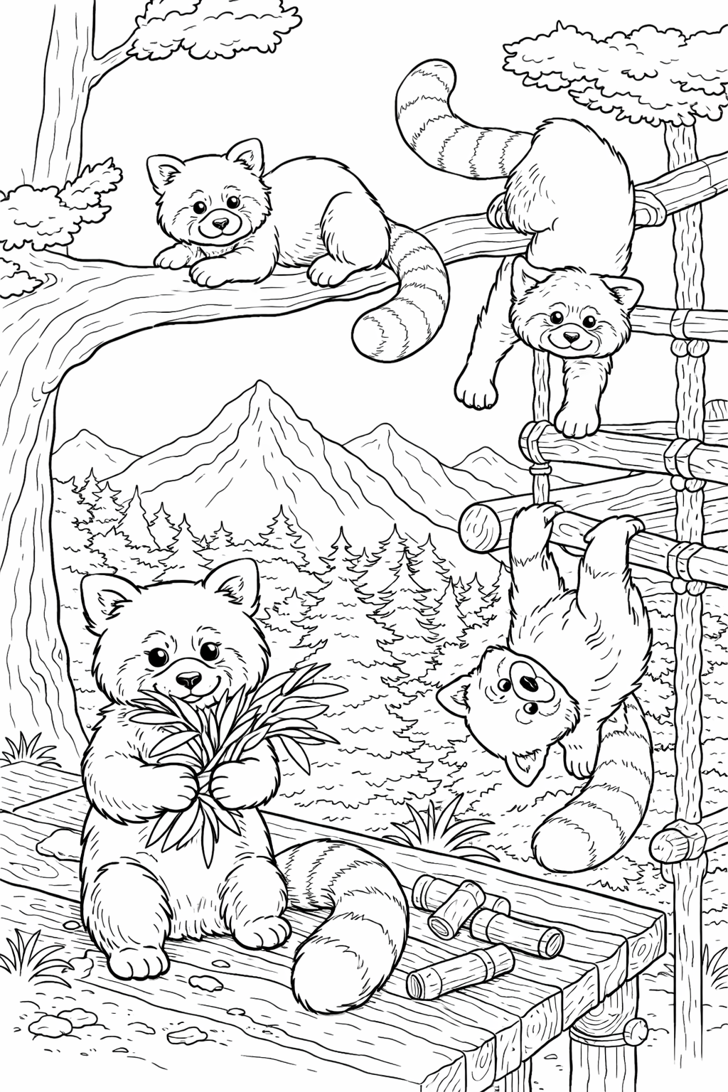 Coloring page of playful red pandas in a forest with trees and mountains. Children can color the pandas climbing and playing on wooden platforms. The cute pandas interact with the serene mountain landscape, offering a fun and engaging activity for young artists.