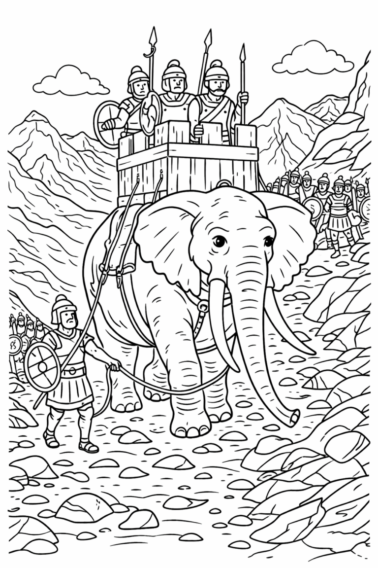 A detailed coloring page illustrating Roman soldiers atop a large elephant during a historical battle, set against a mountainous backdrop.
