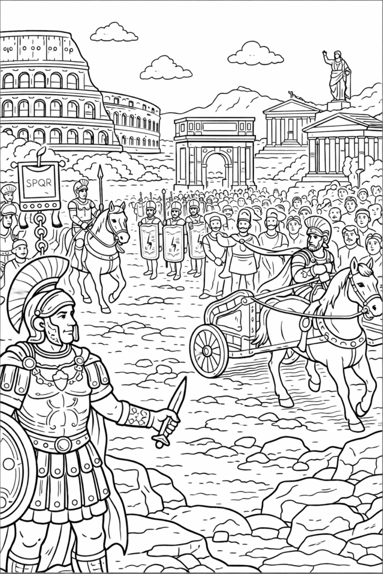 Detailed coloring page of the Roman Empire with soldiers, chariot, and ancient architecture including the Colosseum and arches, designed for children's coloring activities.