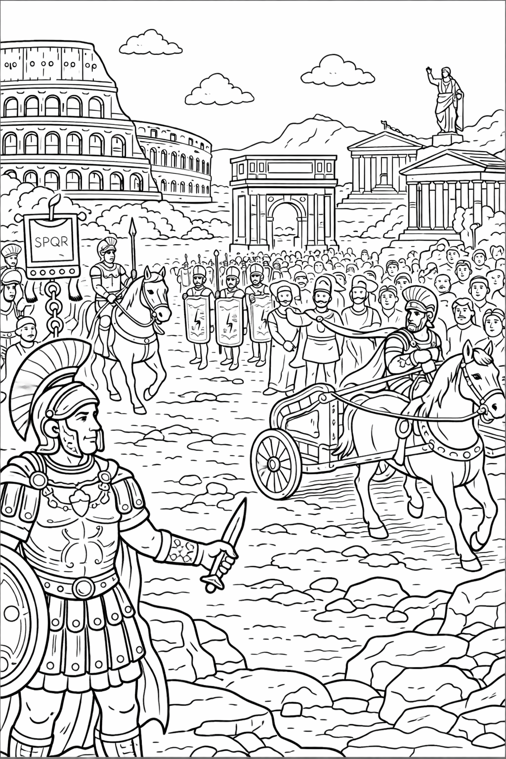 Detailed coloring page of the Roman Empire with soldiers, chariot, and ancient architecture including the Colosseum and arches, designed for children's coloring activities.