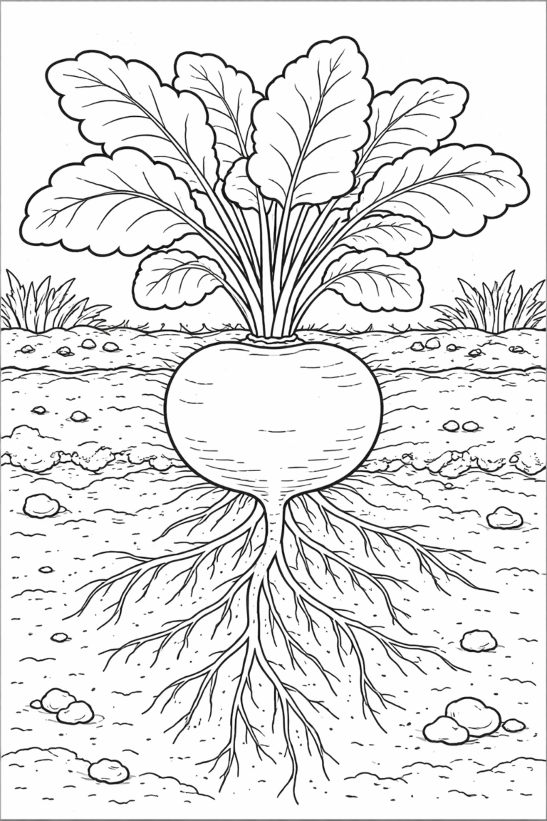 A detailed coloring page of a root vegetable with prominent leaves above ground and intricate root system below, set in a garden environment with soil and foliage.