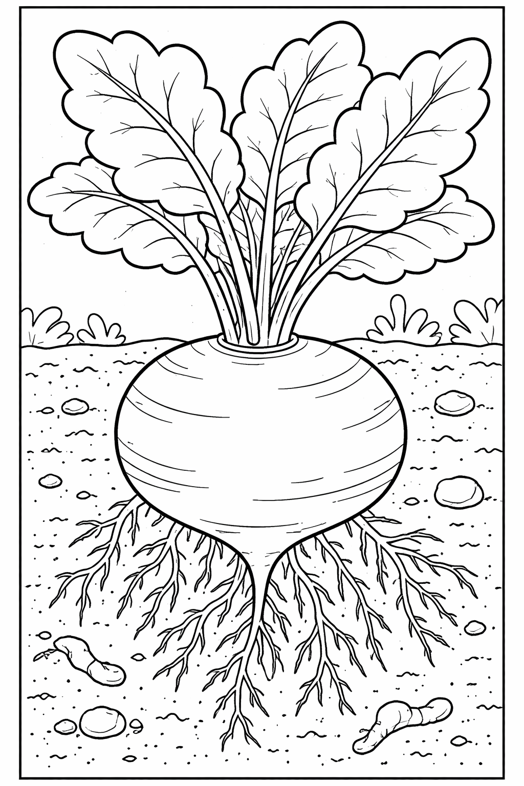 A large root vegetable with detailed roots and leafy tops. The underground soil features small rocks and plants. Ideal for kids to color and learn about gardening.