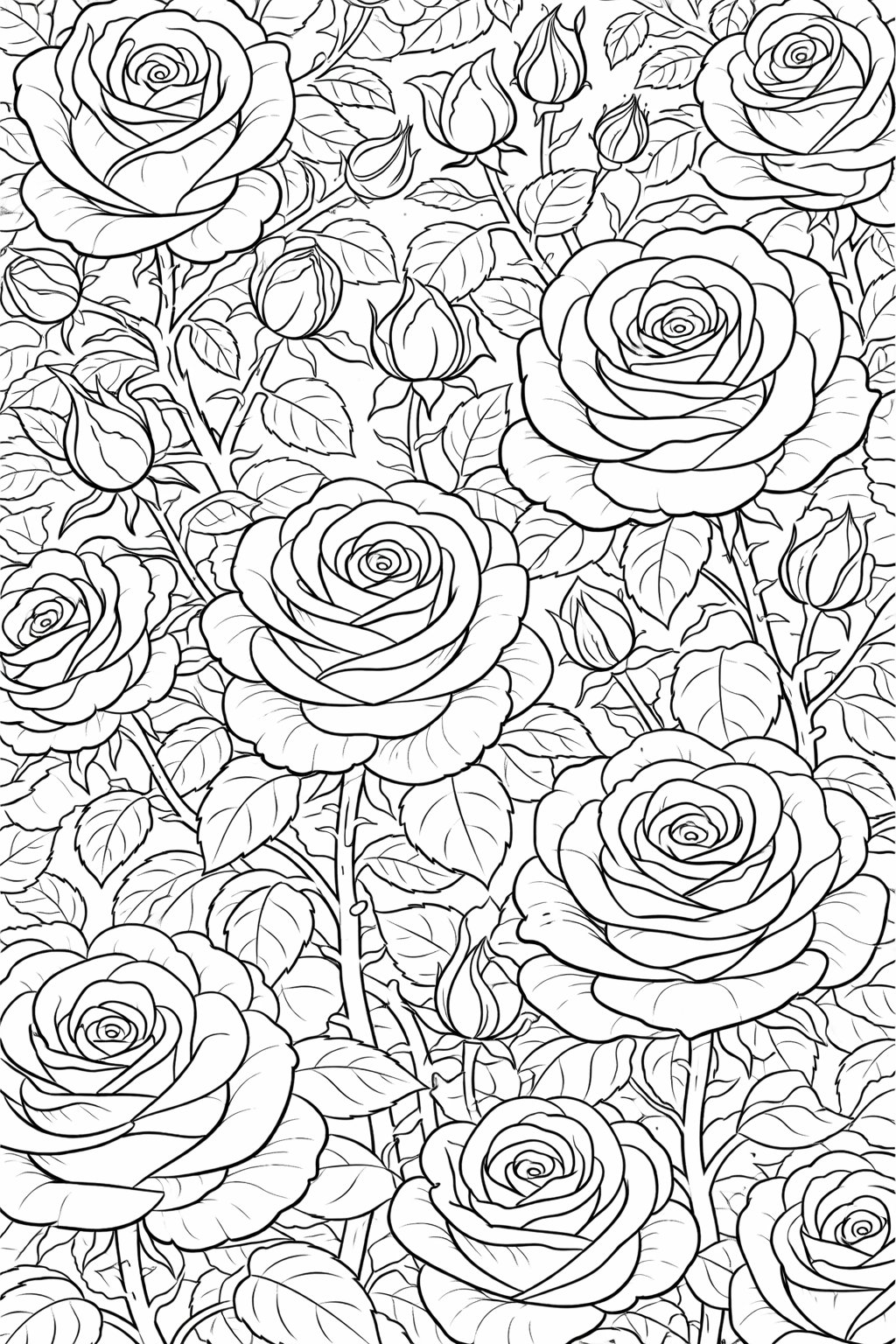 A detailed black and white coloring page featuring various blooming roses and buds. Perfect for coloring, it offers an intricate design suitable for children and adults who enjoy nature-themed art activities.