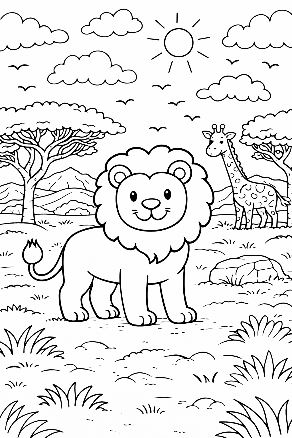A coloring page with a lion and giraffe in a sunny safari landscape. The scene includes trees, clouds, and a bright sun, offering a fun and engaging coloring experience for children.